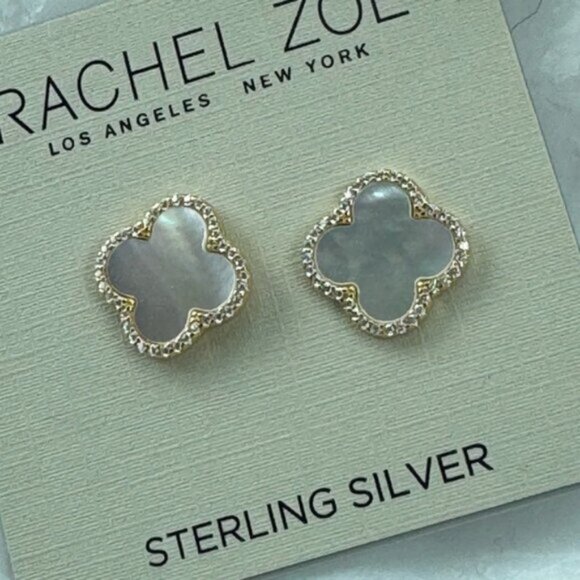 Rachel Zoe Mother of Pearl Sterling Silver 925 Gold Plated Clover Stud Earrings - Picture 4 of 12